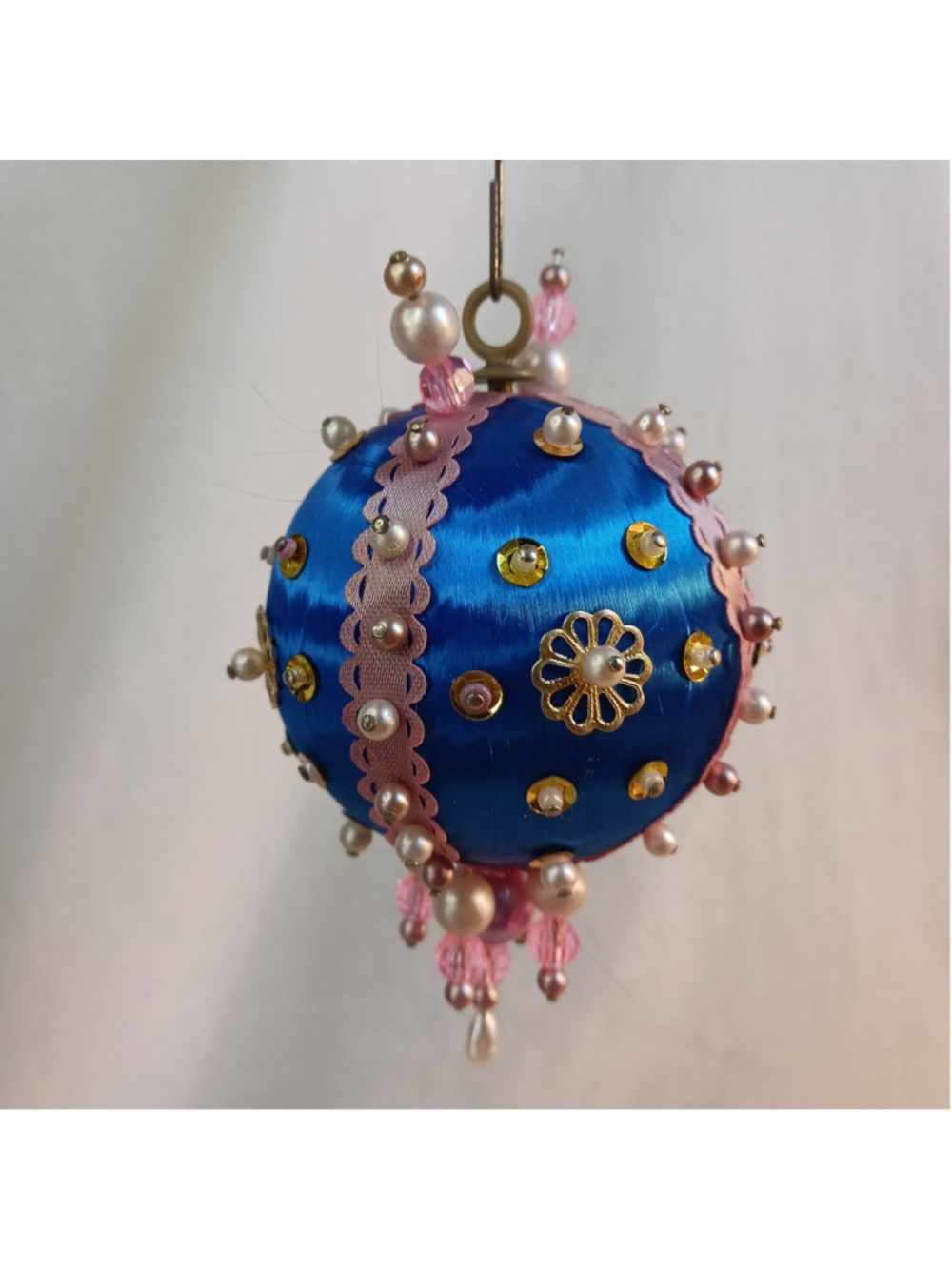 VTG Beaded Push Pin Handmade Ornament Granny Core Blue Satin Pink/gold Christmas